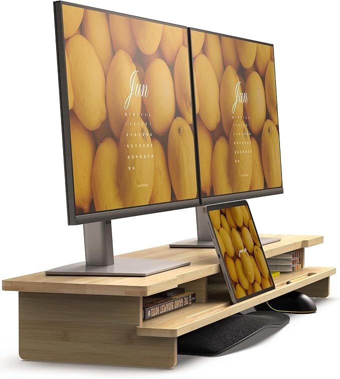 42.5” Dual Monitor Stand with Phone & Tablet Holder Desk Shelf | Bamboo monitor Riser for 55-72 inch Desk Cozy Computer Setup Workplace Organizer Keyboard Storage Ergonomic