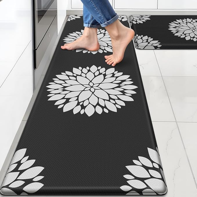 2PCS Kitchen Mats for Floor, Anti Fatigue Non-slip Larger Black Rug | Soft Kitchen Rugs for Home, Cushioned Standing Desk Mat, Comfort Mat for Office, Sink, Laundry, 17.3" x 59" + 17.3" x 30"