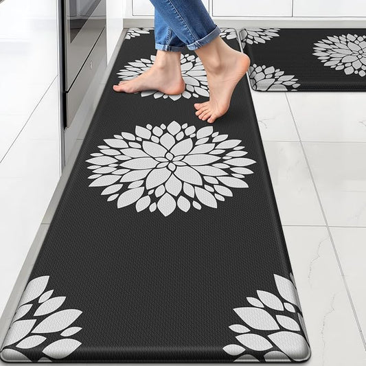 2PCS Kitchen Mats for Floor, Anti Fatigue Non-slip Larger Black Rug | Soft Kitchen Rugs for Home, Cushioned Standing Desk Mat, Comfort Mat for Office, Sink, Laundry, 17.3" x 59" + 17.3" x 30"
