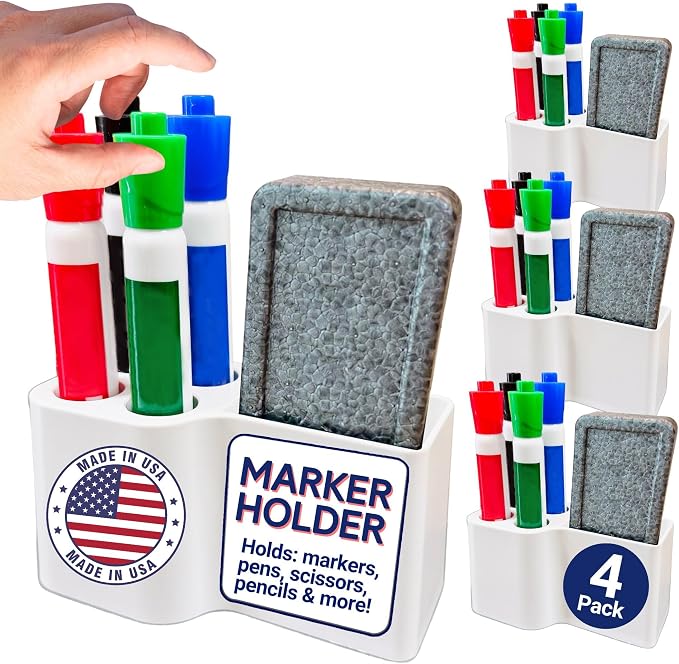 Whiteboard Marker Holder Magnetic - Dry Erase Marker Organizer with Adhesive Mount - Office Supplies Organizer for Classroom, School, Fridge - Made in USA, White 4 Pack