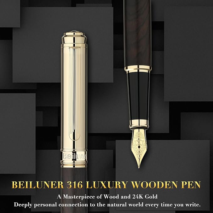 BEILUNER 316 Fountain Pen,Stunning Luxury Blackwood,24K Gilded Nib(Fine),Gorgeous 24K Gold Finish, Ink Converter,Fancy Gift for Men&Women-Elegant,Executive,Graduation Pens for Writing, BK-F