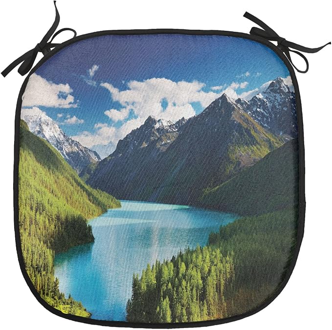 Lunarable Mountain Chair Cushion Pads Set of 4, Lake Kucherlinskoe in Altai Mountains High Peaks and Fresh Jungle in Spring, Anti-Slip Seat Padding for Kitchen & Patio, 16"x16", Green Blue White