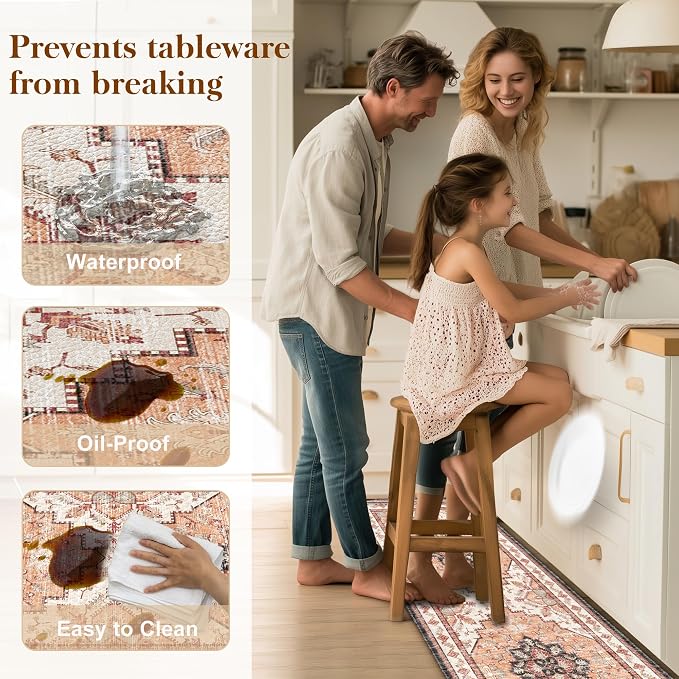 Boho Kitchen Mats for Floor 2 Piece Set Anti Fatigue Cushioned PVC Kitchen Rugs Non Slip Waterproof Farmhouse Mats 2/5 Inch Comfort Standing Mat for Sink, Laundry, 17.3"x47"+17.3"x28", Orange