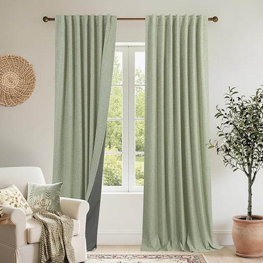Sage Green Linen Blackout Curtains for Bedroom 84 Inch Long Black Out Pleated Thermal Darkening Light Blocking Boho Farmhouse Cottage Core Soundproof Sound Proof Curtains for Office Window Living Room