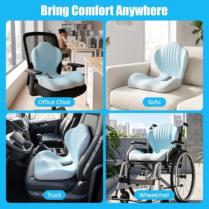 Ergonomic Seat Cushion for Tailbone Sciatica Lower Back Pain Relief, L-Shaped Seashell Memory Foam Coccyx Hollow Cushion, 2-in-1 Lumbar Back Support Pillow for Office Gaming Car Chair Blue