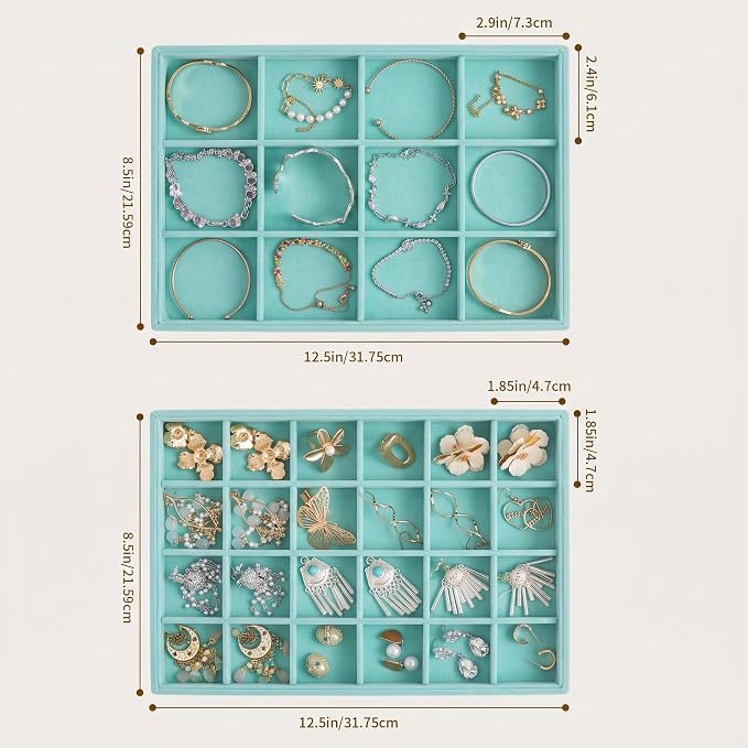 Jewelry Trays for Drawer,Set of 2 Jewelry Organizer and Storage | Velvet Material,Stackable,Adjustable Dividers,Drawer Inserts for Rings Studs Bracelet,Earring Organizer for Women Girls