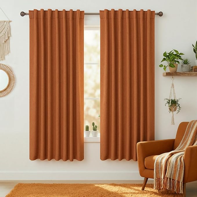 KOUFALL Hippie Curtains 63 Inch Length for Living Room,Blackout Boho Burnt Orange Linen Room Darkening Funky Curtains for Bedroom 63 Inches Long 2 Panel Set