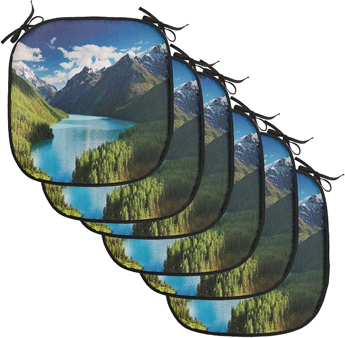 Lunarable Mountain Chair Cushion Pads Set of 6, Lake Kucherlinskoe in Altai Mountains High Peaks and Fresh Jungle in Spring, Anti-Slip Seat Padding for Kitchen & Patio, 16"x16", Green Blue White