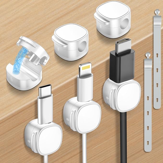 6 Pack,Magnetic Cable Clips & Silicon Cable Ties Cable Organizer | [Cable Smooth Adjustable Under Desk Organizer],Cable Management,Cord Holder-Desk Stand Holding,Adhesive Home Cable Keeper