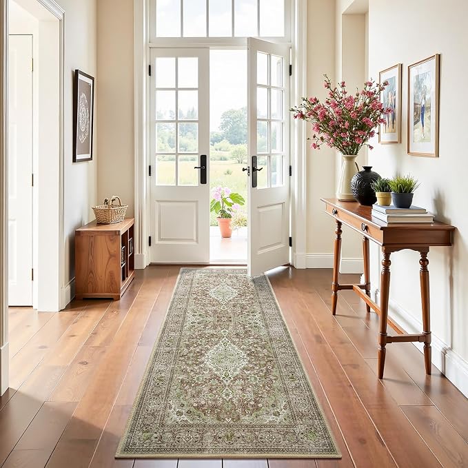 Green Washable Vintage Runner Rug, 2x6 Boho Bedroom Area Rugs, Soft Non Slip Floral Entryway Carpet Runners, Indoor Low Pile Carpets for Kitchen Hallway Bedside