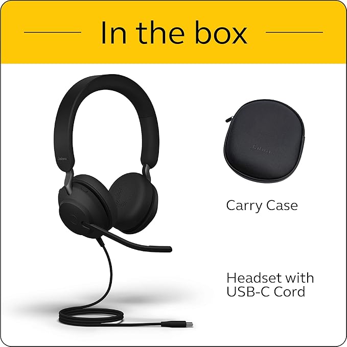 Jabra Evolve2 40 MS Wired Headphones, USB-C, Stereo, Black – Telework Headset for Calls and Music, Enhanced All-Day Comfort, Passive Noise Cancelling Headphones, MS-Optimized with USB-C Connection