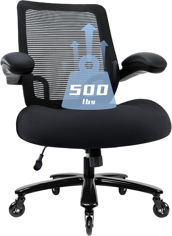 Kassipo 500LBS Big and Tall Office Chair with Flip-Up Armrests, Heavy Duty Office Chair for Heavy People, Memory Foam Seat Filling Springs, Black