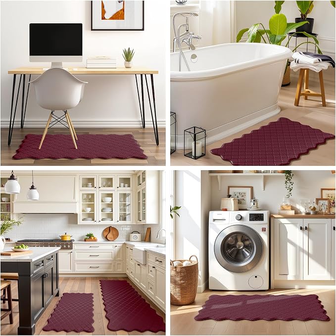 Arenarug Upgrade Scalloped Embossed Kitchen Mats for Floor 2PCS Cushioned Anti Fatigue Waterproof Foam Kitchen Rugs Non Slip Washable Comfort Standing Mat for Sink Laundry, 17.3"x30"+17.3"x47", Red