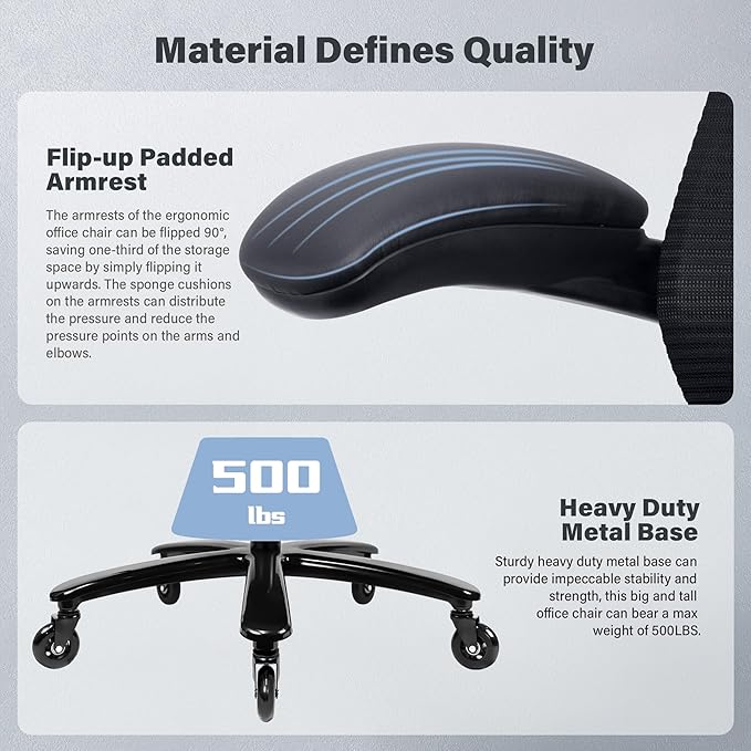Kassipo 500LBS Big and Tall Office Chair with Flip-Up Armrests, Heavy Duty Office Chair for Heavy People, Memory Foam Seat Filling Springs, Black