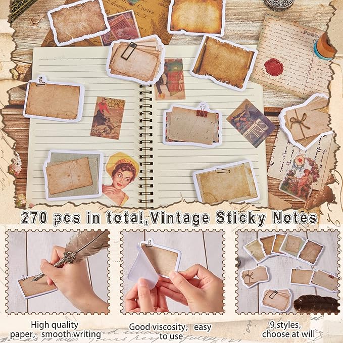 270 Sheets Vintage Sticky Note Pads Antique Looking Scrapbook Self Stick Notes Kraft Sticky Memos Classic Old Writing Memo Pads for Scrapbook, Planner, Journal, Retro Crafts Decoration