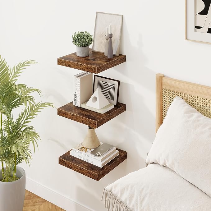 Square Floating Shelves for Wall, 9.25"W x 9.25"D x 1.25"H, 3 Pack Small Wall Mounted Engineered Wood Shelves with Invisible Brackets for Living Room, Bedroom, Bathroom, Kitchen Decor, Rustic Brown