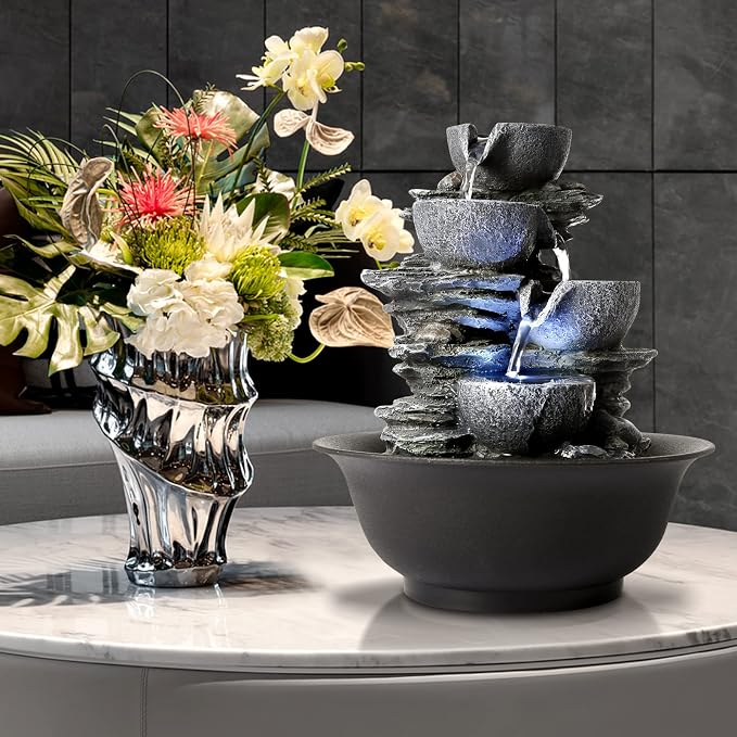 WICHEMI Tabletop Fountain Warer Fountain Indoor Waterfall Fountains | Indoor Fountain, Indoor Water Feature, 4-Tiers Stacked Rock Zen Meditation Desktop Fountain with Light for Home Office Decor