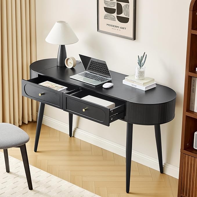 AVZEAR 59" Oval Fluted Home Office Desk, Mid Century Modern Computer Desk Wood Writing Desk with 2 Drawers + 2 Flip Storage, Farmhouse Vanity Table Executive Desk for Study, Living Room, Dorm(Black)
