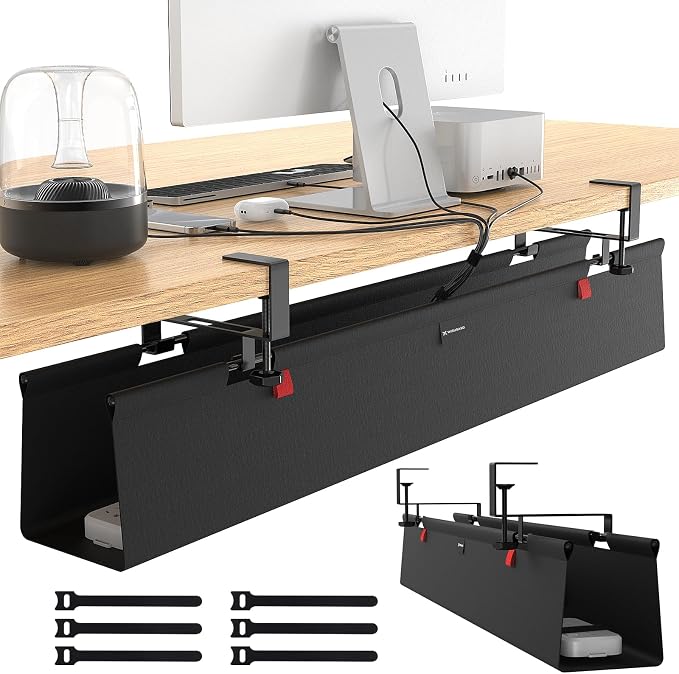 No Drill Under Desk Cable Management Tray, 20" Cord Management Tray with Cable Loop, Upgraded Oxford Fabric Wire Management for Standing Desk - No Damage to Table