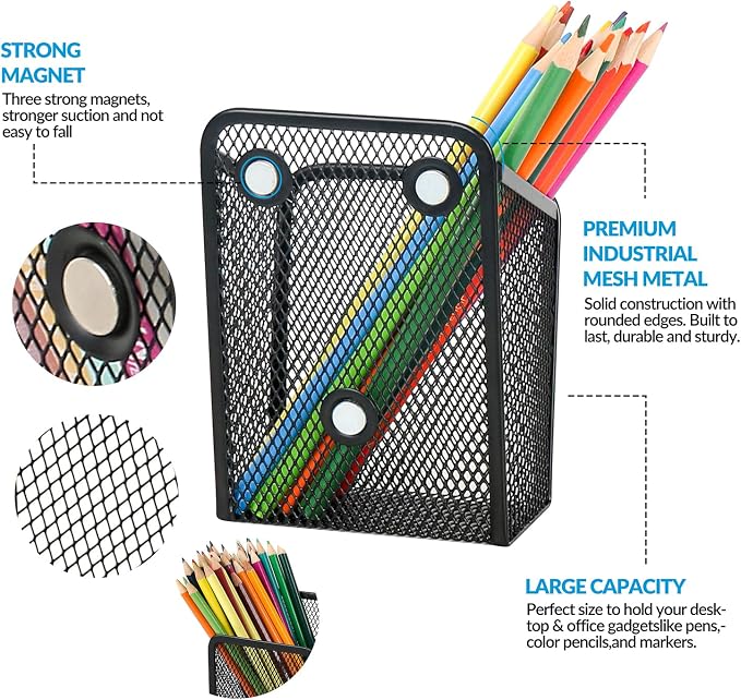 LUCYCAZ Magnetic Pen Holder,2 Pack Magnetic Pencil Locker Holder Organizer | Single Strong Magnets Mesh Marker Holder Pen Basket for Whiteboard, Refrigerator and Locker (Black)