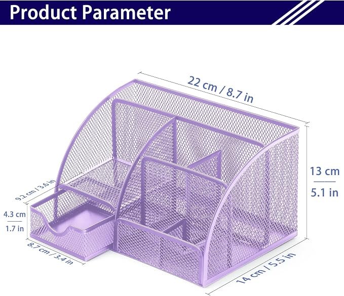 Boutilon Mesh Desk Organizer Desktop Office Supplies Stationary Organizer with 6 Compartments and 1 Drawer Multi-Functional Caddy Pen Holder for Home Office School Desk Decor(Pale Purple)