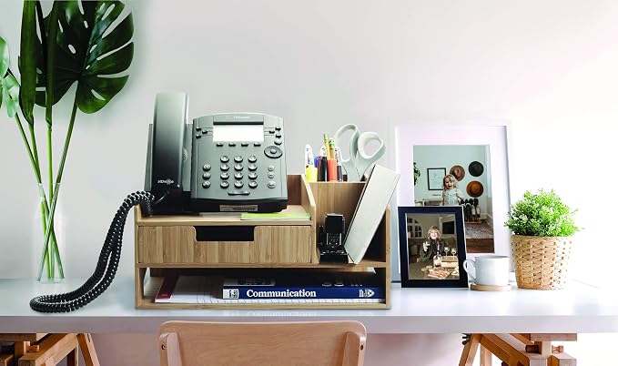 MobileVision Bamboo Telephone Stand With Drawer Paper Tray & Pencil Holder Storage Solution for office products pens scissors staplers notepads business cards & more