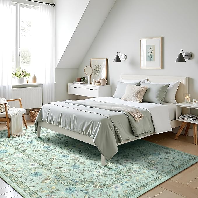 Vasofe 5x7 Rug for Living Room, Washable Rugs for Bedroom, Laundry, Dining Room, Vintage Floral Indoor Non Slip Carpet Farmhouse Light Green Throw Carpets Soft Low Pile Mat for Dorm Bedside Office