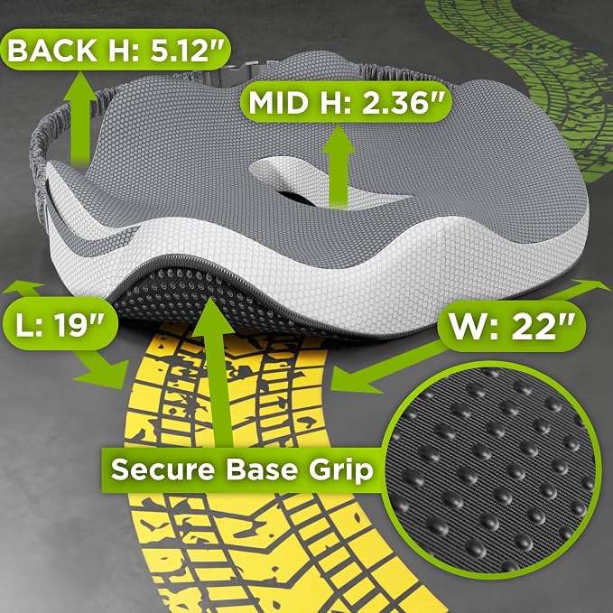 XLarge Truck Seat Cushion for Truck Driver Seat Cushion - CertiPUR-US® Certified Upgraded Back Support, Thick Memory Foam, Pain Relief for Hours of Driving, Trucker Approved Semi - Gray