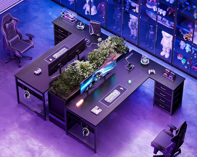 AODK 67" L Shaped Gaming Desk with 4 Drawers and Power Outlets, Black | USB Ports, PC Tower Stand, Hooks, Reversible Corner Layout for Gaming Rooms, Bedrooms and Home Office