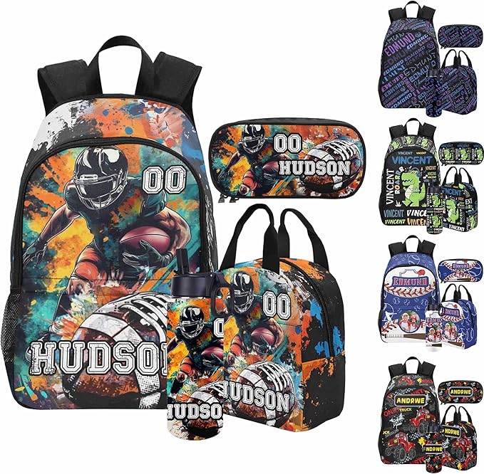 Personalized Baseball Backpack with Name Back to School Supplies Bookbag for Kids Boys Custom Football Basketball Player Schoolbag and Water Bottle Cup&Pencil Pouch School Backpacks with Lunch Box Set