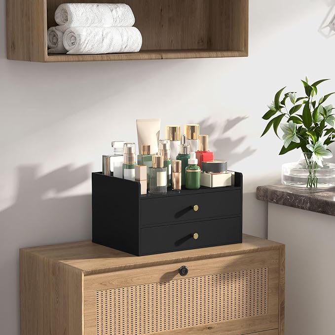 Bamboo Desk Organizer with Drawers,Wooden Desktop Storage(2 Drawers, Black) | 100% Bamboo 2 Pull-Out Drawers No Assembly Required Space-Saving Design