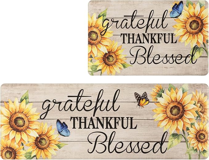 HEBE Fall Kitchen Mat Set of 2, Anti Fatigue Kitchen Mats for Floor | Cushioned Non Slip Autumn Kitchen Rugs and Runner Set, Waterproof Sunflower Floor Carpet for Harvest Thanksgiving