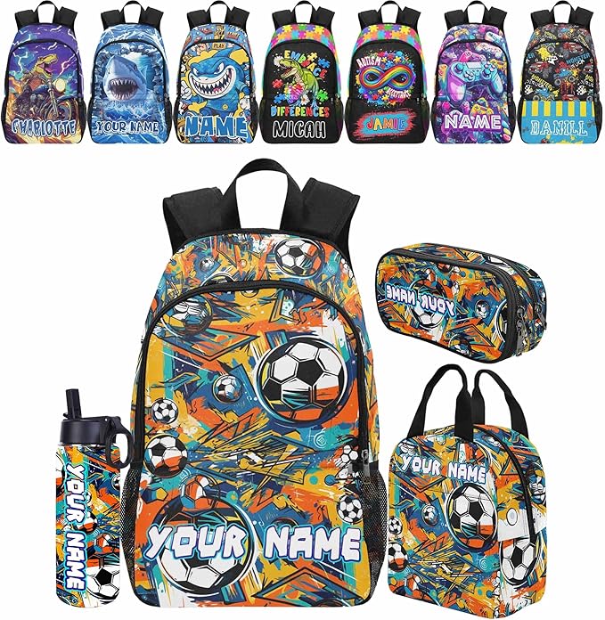 Personalized Soccer Backpack with Name Back to School Supplies Bookbag for Kids Boys Custom Football Basketball Player Schoolbag and Water Bottle Cup&Pencil Pouch School Backpacks with Lunch Box Set