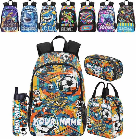 Personalized Soccer Backpack with Name Back to School Supplies Bookbag for Kids Boys Custom Football Basketball Player Schoolbag and Water Bottle Cup&Pencil Pouch School Backpacks with Lunch Box Set