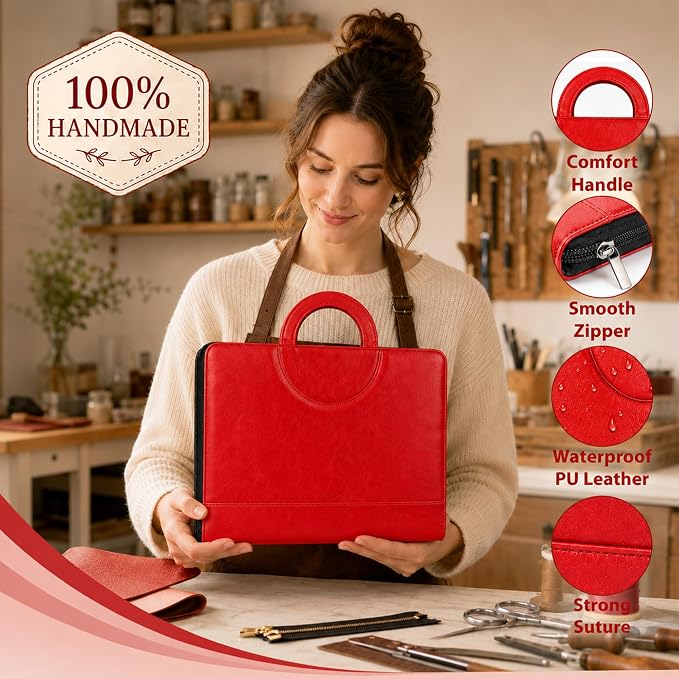 Darolin Vegan Leather Padfolio Portfolio with Handle, Zipper -Red | Business Portfolio Organizer for Meetings, Interviews, Travel, Resume, Clipboard Fits A4, Letter Size, Padfolio for Men Women