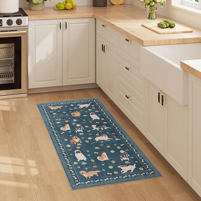 DUKINO 2x4 Runner Rug for Entryway, Animal Dog Print Washable Kitchen Rug with Non Slip, Low Pile Indoor Door Mat Non Shedding Small Throw Carpet Runner for Hallway, Bathroom, Laundry, Bedroom, Blue