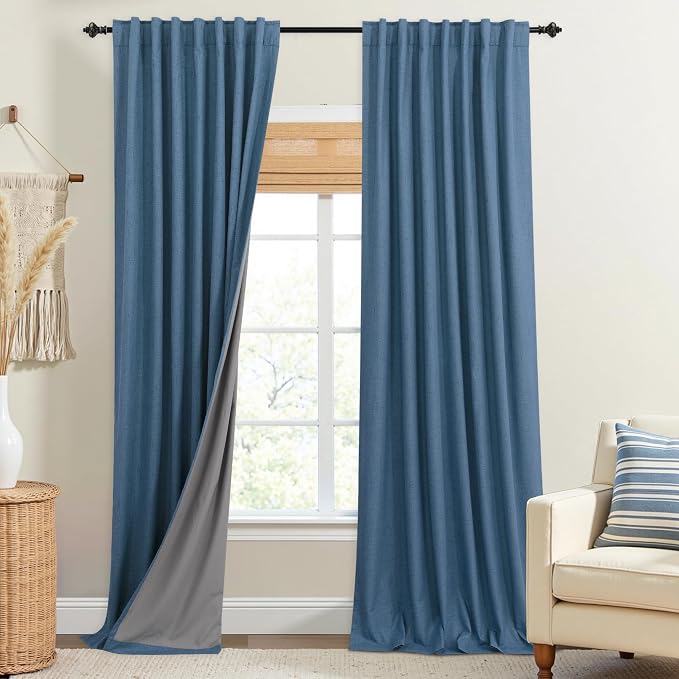 KOUFALL 108 Inch Curtains Blackout 9FT Long Black Out Linen Denim Slate Blue Modern Farmhouse Coastal Curtains for Living Room 2 Panels Set
