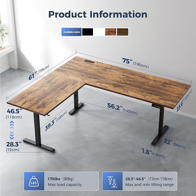 Klicelor L Shaped Standing Desk 75 x 61 Inch,Electric Height Adjustable Corner Desk with Cable Management & Power Outlets, Ergonomic Sit Stand Up Computer Table for Home Office,Rustic Brown