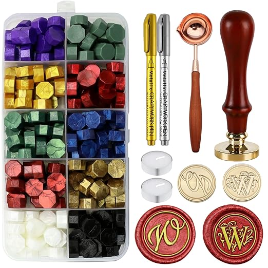Letter Wax Seal Stamp Kit - Initial Alphabet W Stamp Head 2pcs, Vintage Monogram Stamps Wax Seal Kit with 200pcs Assorted Sealing Beads, Spoon, Metallic Gold Silver Pens