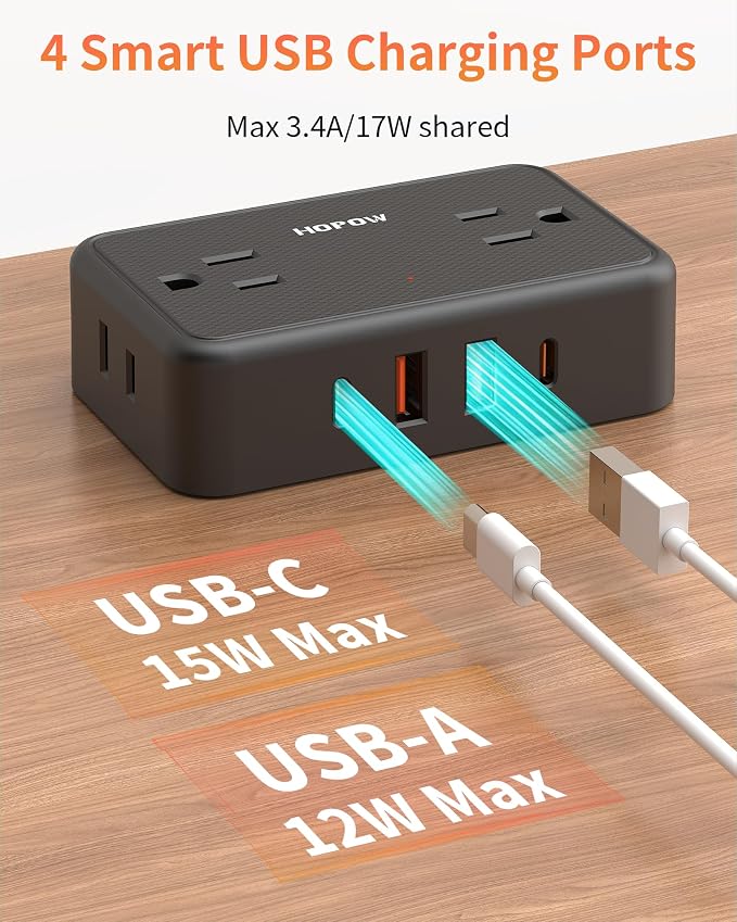 HOPOW 2 Prong Power Strip, 2 Prong to 3 Prong Outlet Adapter with 4 AC Outlets & 4 USB(2 USB-C), 6FT Two Prong Surge Protector, 900 Joules, Wall Mount Extension Cord for Non-Grounded Outlet, Black