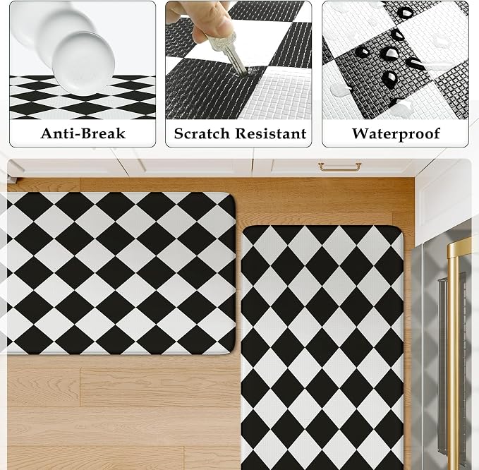 KIMODE Anti Fatigue Kitchen Mats for Floor,Farmhouse Rugs for Kitchen Floor | Black and White Diamond Kitchen Floor Mat Non Slip, Cushioned Standing Mat for Laundry Office Sink Desk Dorm 17"x47"+17"x29"
