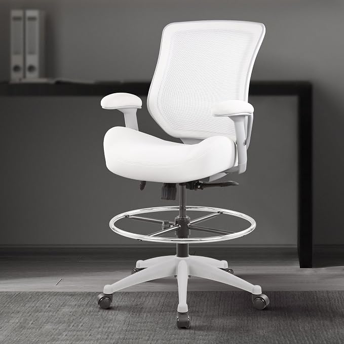 BOLISS 400lbs Mesh Ergonomic Office Drafting Chair Big Adjustable Foot Ring Height Adjustable Armrest (Wht)