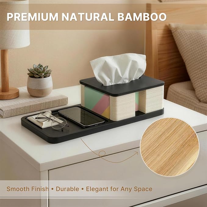 Bamboo Tissue Box Cover Rectangle with Tray, Nightstand & Desk Organizer | Decorative tissue box holder & tissue holder for bedside table; 12.5cm wide opening for easy refills; water-resistant bamboo