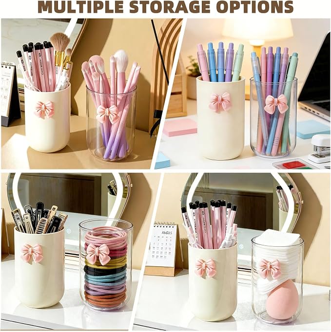 2 Pack Pen Pencil Holder for Desk, Acrylic Desk Organizer with Bow Clear Makeup Brush Holder Cup Desktop Stationery for Office School (Transparent+Beige)