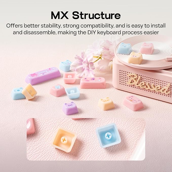 KiiBOOM Cute Cat Keycaps Set, Mao Profile, PC Keycap for MX Switches Mechanical Keyboard, Compatible with 60%, 65%, 75%, TKL, 96%, Full-Sized Layout (Meow Pudding)