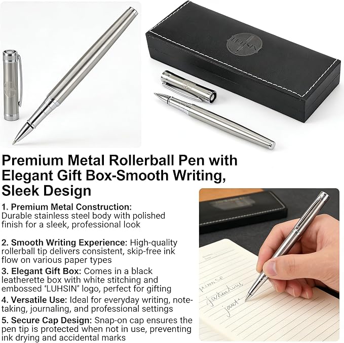 LUHSIN Brushed Silver Metal Rollerball Pen - 0.5mm Smooth Writing Professional Pen, Luxury Executive Gift Set for Men & Women, Office Signature Pen