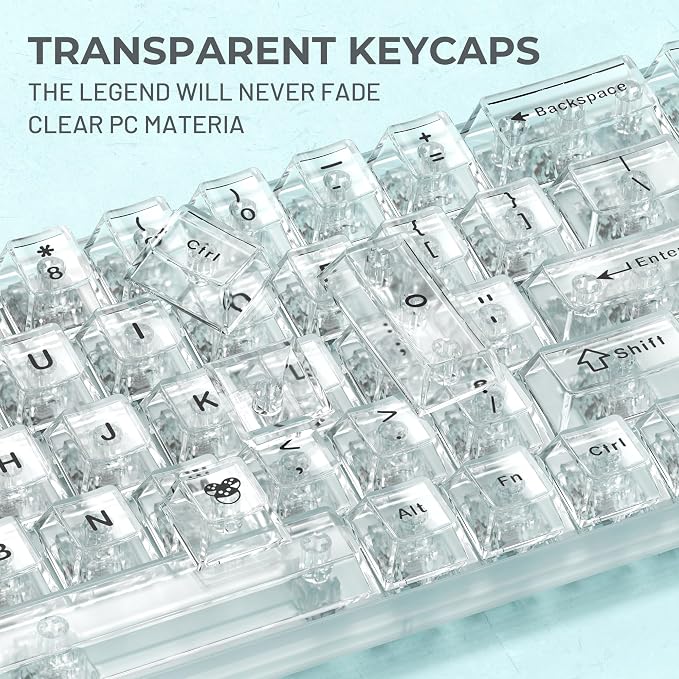 HITIME XVX Clear keycaps, White Transparent Keycaps 60 65 75 100 Percent, Crystal Ceramic Custom Key Cap Set 124 Keys, Cherry Profile, Shine Through, Cute Style for Mechanical Keyboards