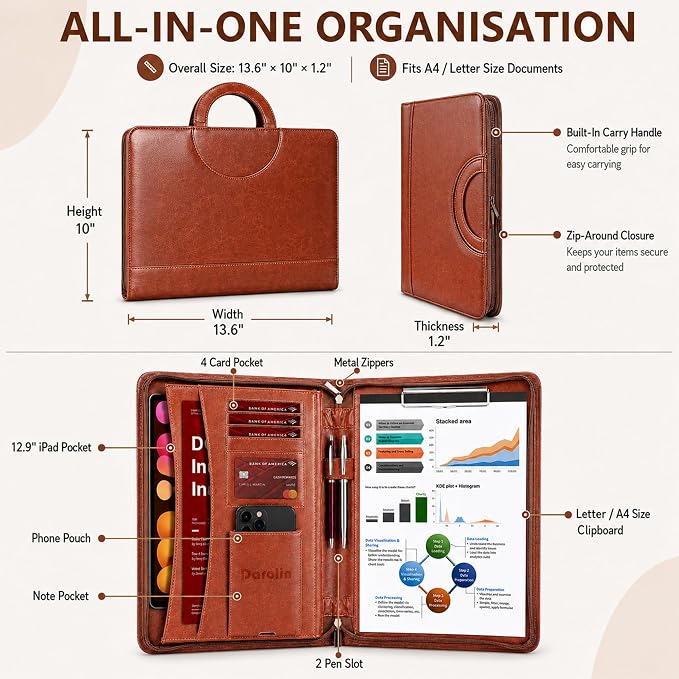 Darolin Vegan Leather Padfolio Portfolio with Handle, Zipper -Brown | Business Portfolio Organizer for Meetings, Interviews, Travel, Resume, Clipboard Fits A4, Letter Size, Padfolio for Men Women