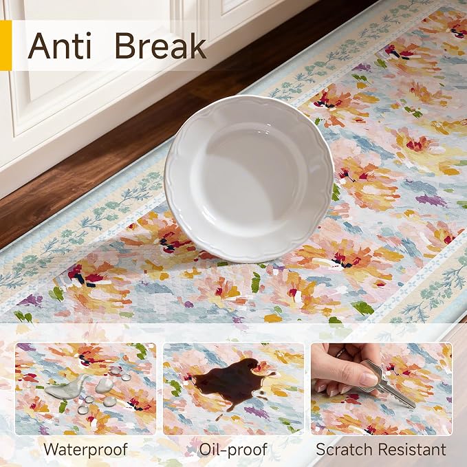 Anti Fatigue Kitchen Mats 2PCS Thick Non Slip Cushioned Rugs Blue Abstract Floral Waterproof Comfort Standing Mats for Floor Sink Laundry Office 17.3"×47"+17.3"×30"