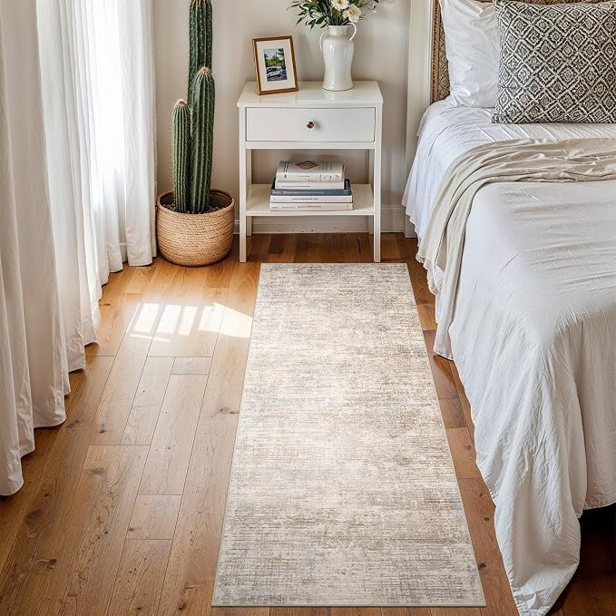 2x5 Hallway Washable Runner Rug - Non-Slip Kitchen Rugs with Rubber Backing Abstract Neutral Low-Pile Carpet Runners for Laundry Room Home Decor Bedroom Bathroom Entryway (Ivory Beige Distressed,2x5)